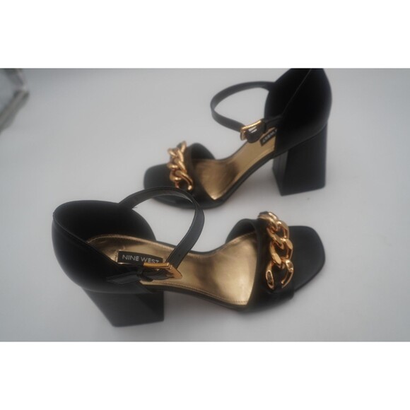 Nine West Black Jerri Chain Link Dress Ankle Chunky Heel Strap Sandals Size 9.5M - Picture 2 of 12
